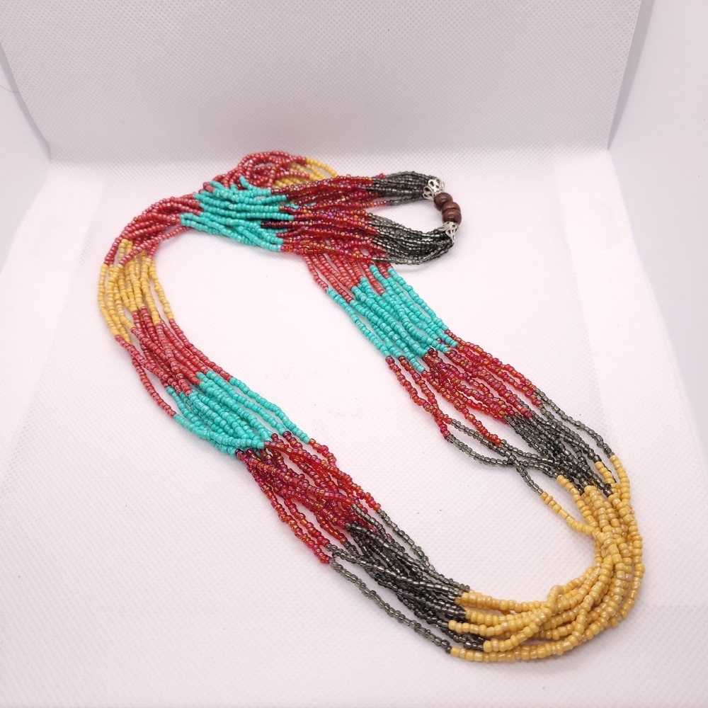 Vintage Multi Strand Seed Bead Necklace 26" Southwest Tribal Statement Endless